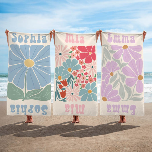 Personalized Multicolor Floral Quick Dry Oversized Beach Towel with Name Summer Vacation Pool Party Gift for Women Swimming Lovers